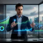 Professionnel analysant des donnees financieres holographiques