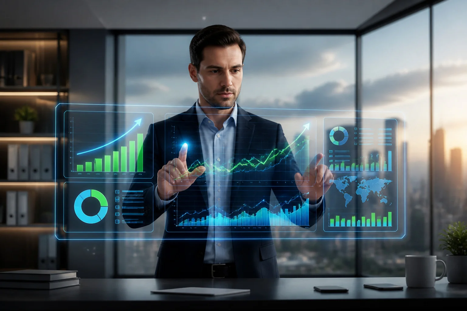 Professionnel analysant des donnees financieres holographiques